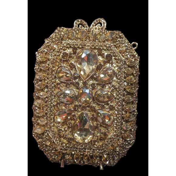 Luxury Rhinestone Encrusted Evening Bag Gold Tone With Removable Chain Strap - Picture 7 of 16